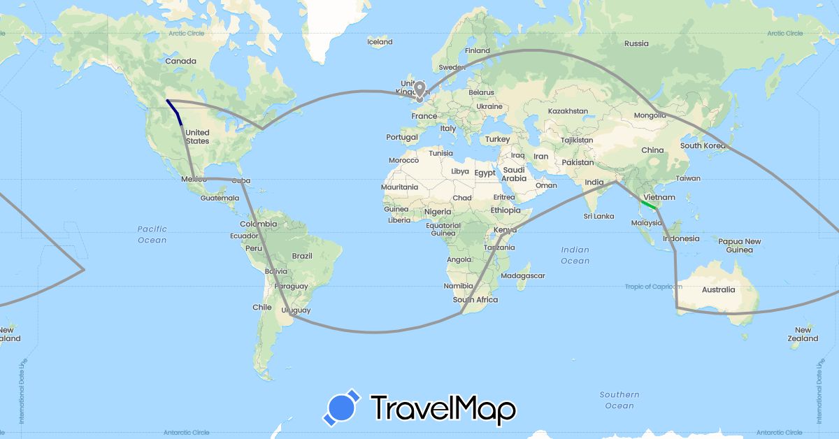 TravelMap itinerary: driving, bus, plane in Argentina, Australia, Canada, Cuba, France, United Kingdom, Indonesia, India, Japan, Kenya, Cambodia, Mongolia, Mexico, Thailand, United States, Vietnam, South Africa (Africa, Asia, Europe, North America, Oceania, South America)