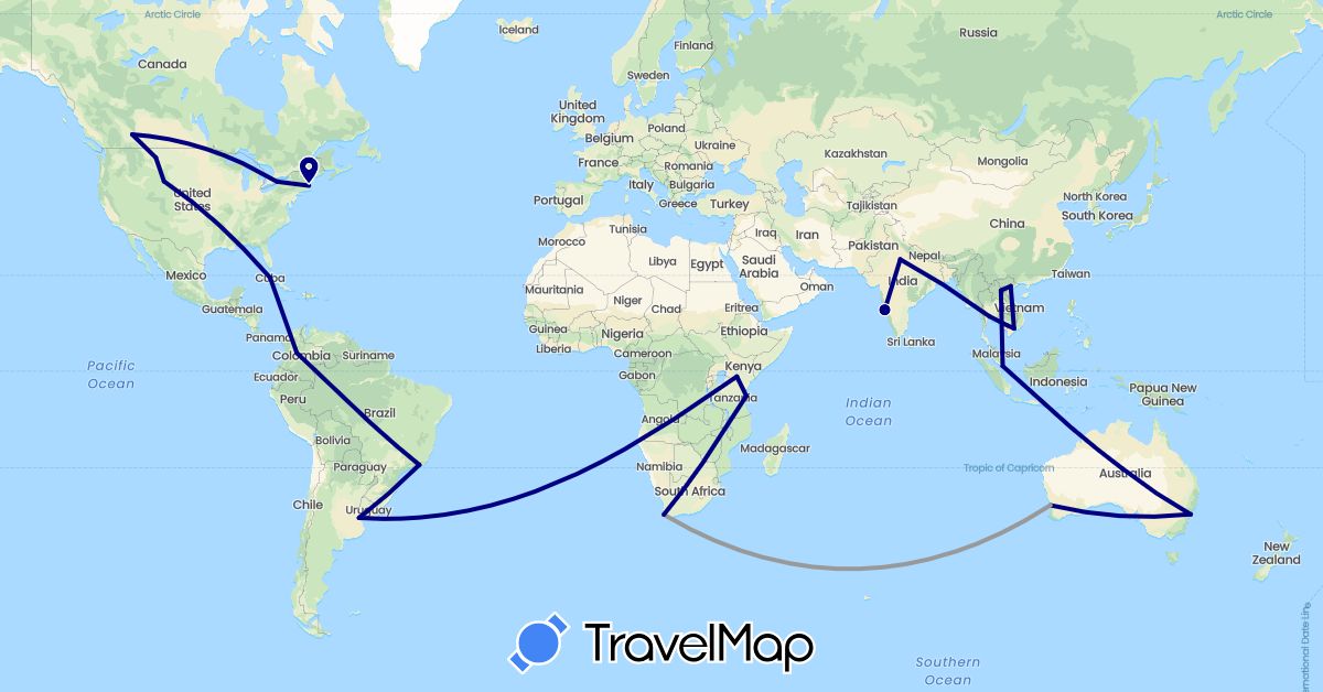 TravelMap itinerary: driving, plane in Argentina, Australia, Brazil, Canada, Colombia, Cuba, India, Kenya, Cambodia, Laos, Singapore, Thailand, Tanzania, United States, Vietnam, South Africa (Africa, Asia, North America, Oceania, South America)